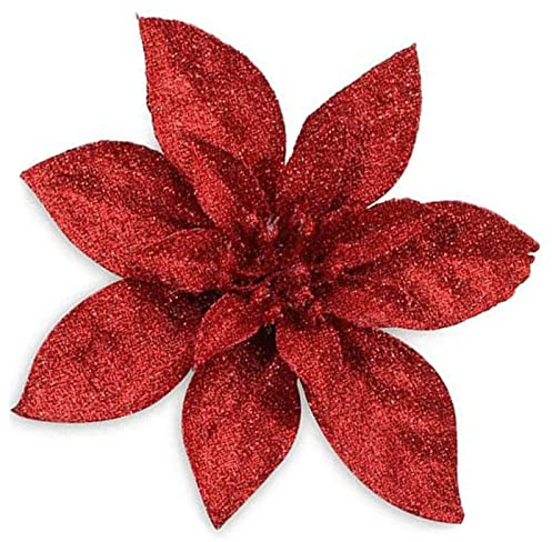 Yueshop 10 Pcs Glitter Christmas Flowers with Artificial Poinsettia Flower Christmas Tree Flower Decorations Xmas Tree Ornaments (Red, 15CM)