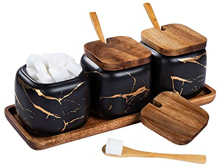 TELANKS Zuckerdose 3er Set mit Deckel und Löffel, Gewürzbehälter Keramik, Salzdose mit Deckel, Salztopf für Haus und Küche