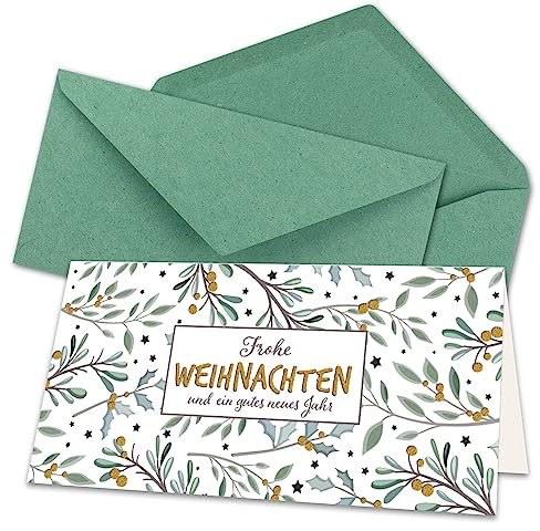 20x Weihnachtskarten-Set DIN Lang in Weiß mit Eukalyptus- und Mistelzweigen - Faltkarten mit Umschlägen DIN Lang Kraftpapier Eukalyptus mit Nassklebung - Weihnachtsgrüße für Firmen und Privat