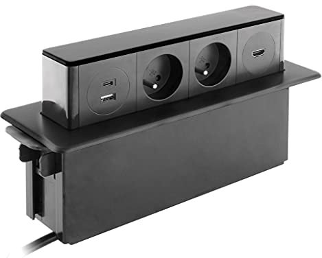 Otio, Bloc Multiprise Encastrable 2X 16A 2P+T + 2 Ports USB INOX avec Quick Charge, Design Discret, Câble 1,5m, 2 Prises + 2 Ports USB Type A et C, HDMI, Ouverture Push-Up, Idéal Cuisine/Bureau