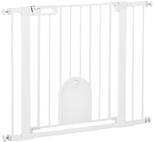 PawHut Barrera de Seguridad para Perros Mascotas 75-103 cm para Escaleras y Puertas con 2 Extensiones Cierre Automático y Sistema de Doble Bloqueo Blanco