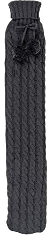 Long Hot Water Bottle Soft Knitted Cover Pom Poms Rbbed Collar 72cm - Dark Grey
