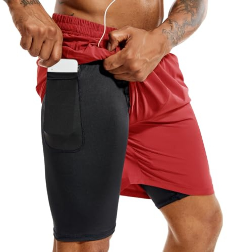 TENJOY Herren 2 in 1 Laufshorts 5 Zoll, schnell trocknende Gym Sport Workout Shorts mit Handytasche