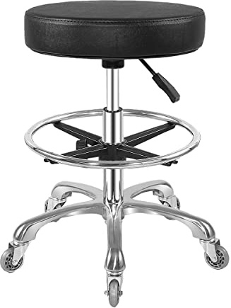 Ainilaily Hocker mit Rollen, Rollhocker höhenverstellbar 10cm Polsterung -Werkstatthocker Sitzhöhe Bürohocker Drehhocker Arbeitshocker (schwarz, mit Fußstütze)