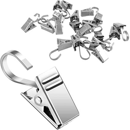 FuninCrea Stainless Steel Curtain Hooks, 20pcs Heavy Duty Stainless Steel Curtain Clips with Hook, Metal Pole Hooks Curtains Hanging Hook for Curtains, Photos, Home Decoration