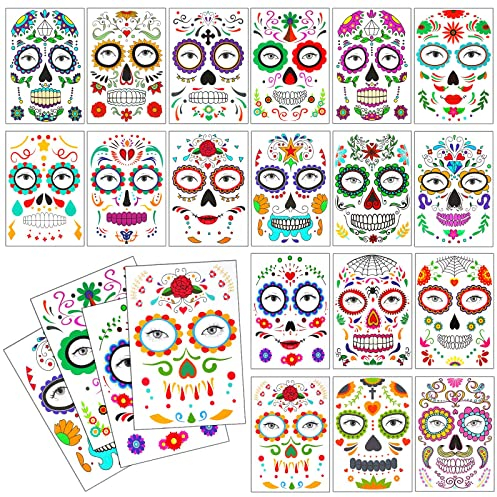18 Stück Tag der Toten Gesicht Tattoos Halloween Gesicht Tattoos Kostüm Tätowierung Zuckerschädel Aufkleber Blumen Netz Make Up Transfer Aufkleber für Damen Herren Party Maskerade