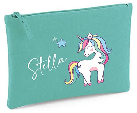 minimutz Kosmetiktasche Kinder mit Namen & Einhorn Regenbogen | personalisierte Schminktasche Kulturtasche für Mädchen | 28x19 cm mit Reißverschluss(Mint)