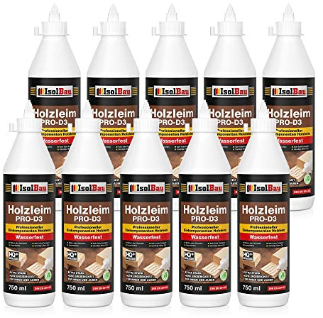 Isolbau Holzleim PRO-D3-10 x 750 ml (860 g) Extra starker Holzkleber für alle Holzarten, für Innen & Außen, Wasserfest, Lösemittelfrei