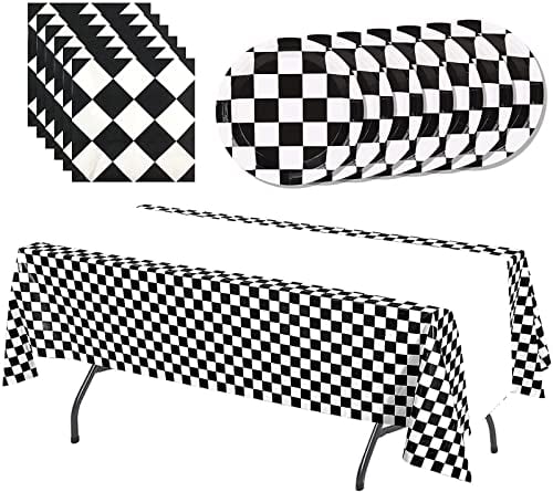 Black and White Checkered Party Tableware Set,31pcs Racing Car Themed Party Paper Plates Napkins Tablecloth Racing Car Party Supplies for Boys Girls Birthday Party,Picnic,Themed Table Decoration