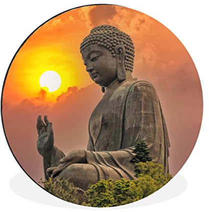 MuchoWow Wandbild Rund Wanddeko Deko Wohnzimmer Bilder 90x90 cm Buddha - Sonnenuntergang - Buddha-Statuen - Pflanzen