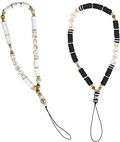 PFLYPF 2pcs Perlas Teléfono Móvil Correa, Anti-Pérdida de Cadena, Estilo Bohemio, Decoración Blanca Cuerda (Negro Blanco), Resina Sintética