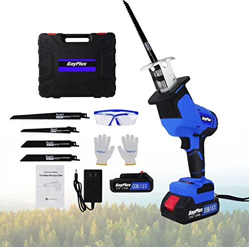 Akku Säbelsäge mit 1x1500mAh Akku und Ladegerät, 680W 21V Leistungsstarke Elektrische Handsäge mit LED-Arbeitslicht & 1900 U/min zum Schneiden von Holz und Metall, 4 Ersatzklingen