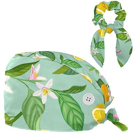 Bouffant-Kappen mit Haarband, chirurgische Kappen, Wiederverwendbare Peeling-Hüte, Pflanze Blume Blatt Frucht Zitrone