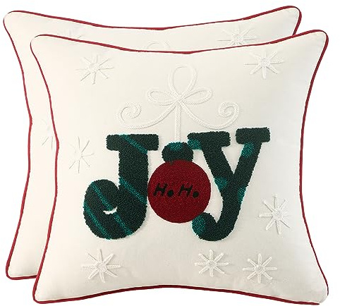 2 Set Weihnachten Kissenbezug Stickere JOY Kissenhülle Schneeflocke 45x45 | Weihnachtskissenbezug Weihnachtskissen Kissen Baumwolle Leinen Weihnachten für Sofa Couch Schlafzimmer Wohnzimmer