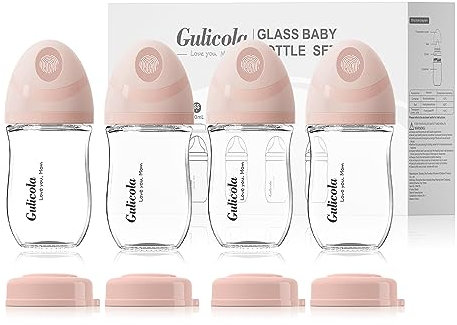 Gulicola Lot de 4 biberons en verre naturel pour nouveau-né, tétons à débit extra lent (SS), anti-coliques, 0 mois et plus, 141,7 g – Rose