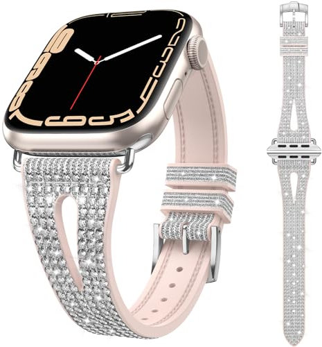 Kamita Bracelets à Paillettes pour Apple Watch Strap 42mm 44mm 45mm 46mm 49mm, Wristband en Strass Réglable pour Femme Filles, Bande de Montres avec Diamant Watchband pour iWatch 10 9 8 7 6 (Argent)