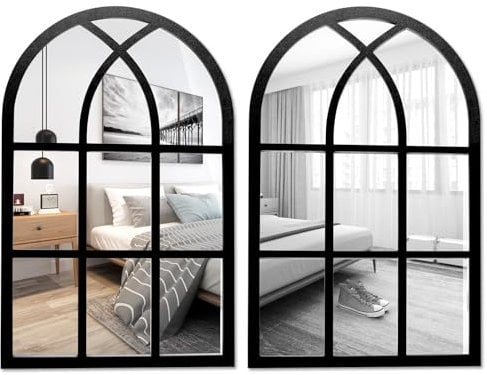 2PCS Arched Window Mirrors for Walls Decor Vintage Rustic Wall Mirror Wall Mounted Window Shape Mirror Frame Entry Mirrors for Living Room Bathroom Bedroom Outdoor Garden 27x42cm(Black)
