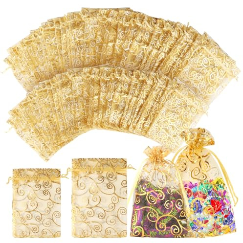 100 Stück Gold Organzasäckchen, Druck Organzasäckchen 15x20 cm und 8x11 cm Organza Säckchen mit Kordelzug, Schmuckbeutel Organzabeutel, Wiederverwendbar Geschenksäckchen für Hochzeit Geburtstag