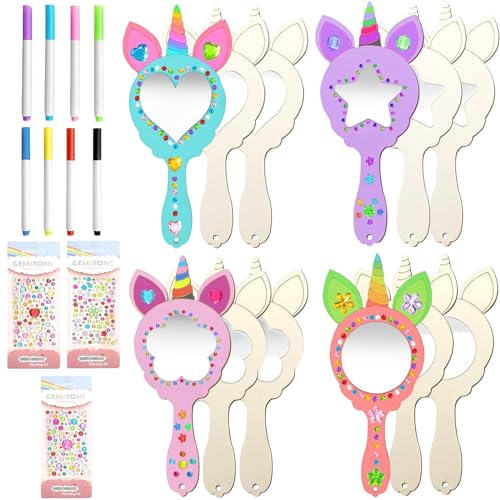LUKIUP Activite Manuelle Bois, 12 Kits Bricolage Miroir Licorne en Bois, Peinture et Artisanat Fille Filles Enfants avec 3 4 5 6 7 8 9 10 pour Activité Manuelle Fête Anniversaire Cadeau de Noël
