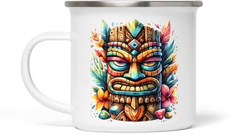 Vintage Tiki Weiße Emaille Tasse - 354 ml, langlebig und elegant, Ideal für Kaffee, Tee und heiße Getränke