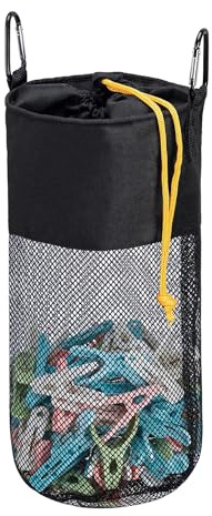GNEGNI LIFE Pegs Bag, Mesh Large-Capacity Clothes Pegs Bag with Hook Drawstring Hanging Clothespin Bag Portable Resistant Clothes Pegs Holder Bag for Storing Clothes Peg, Socks and Toys (Black)
