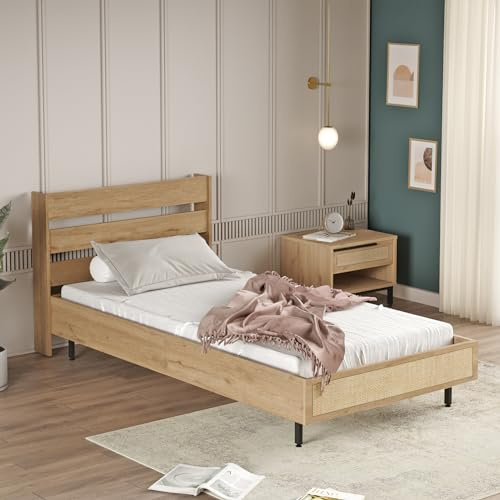 [en.casa] Bett Kvænangen mit Lattenrost 100 x 200 cm Bettgestell mit Matratzenunterlage max. 120 kg Einzelbett Bettrahmen Metallfüße Eiche- / Rattan-Optik