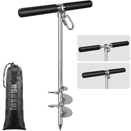 Insaga Ground Anchor, Heavy Duty Dog Lead Stake Screw Earth Peg Strong Storm Spiral Spike for Large Medium Dog/Garden/Yard/Camping/Boat/Trampoline/Tent/Shed with Carabiner&Removable Handle, 44cm
