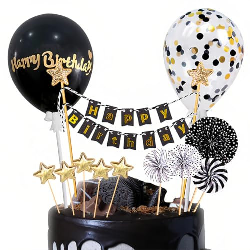 Tortendeko Schwarz Gold 12 Stück, Happy Birthday Kuchendeko, Kuchendeko Geburtstag Junge, Cake Topper Schwarz, Papierfächer Sterne Cupcake Tortenstecker für Geburtstag Dekoration Junge Mädchen