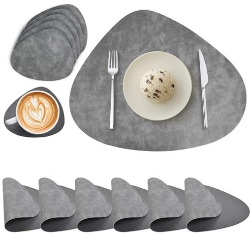 Lot de 6 Sets de Table et Dessous de Verre, Sets de Table Ronds en Cuir PU, Sets de Table Double Face Imperméables Lavables Antidérapants Résistants à la Chaleur (Gris Gris Foncé)