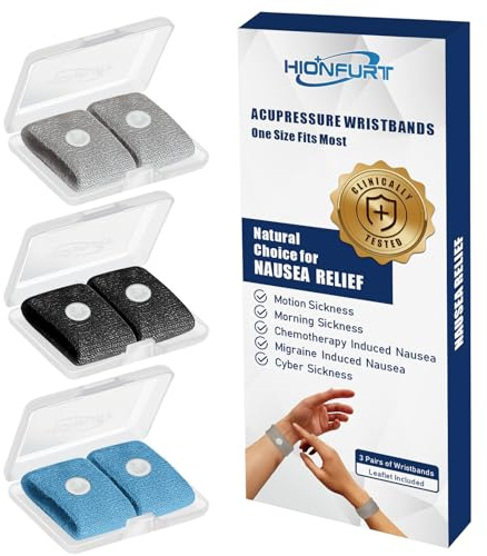 Hionfurt Akupressur Armband Gegen Übelkeit für Erwachsene und Kinder Akkupressurarmbänder für Reiseübelkeit und Seekrankheit Reisekrankheitsbänder Gegen Morgenübelkeit - 3 Paar Grau, Schwarz, Blau