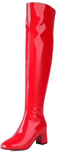 Gicoiz Donna Tacco a Blocco Stivali Vernice Stivali Sopra Il Ginocchio Festa Square Toe Eleganti Vernice Sposa Warm Thigh High Inverno Largo Booty Moda Rosso Numero 35 EU