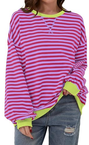 Chicrise Felpa Donna Blocco Colore A Strisce Maglia Maniche Lunghe Scollo Rotondo Top Autunno Casual Viola X Large 46-48