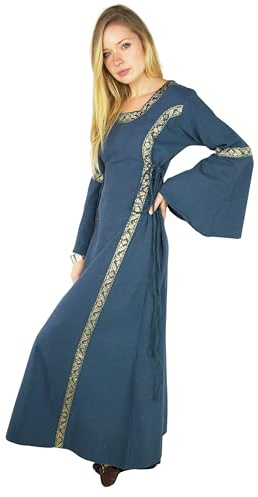 Leonardo Carbone® Damen Kleid Bordüre Sophie | Verstellbare Schnürung | Fließende Trompetenärmel | Karneval, Halloween, Cosplay, LARP, Mittelalter, Fantasy, Kostüm | 100% Baumwolle Blau XS