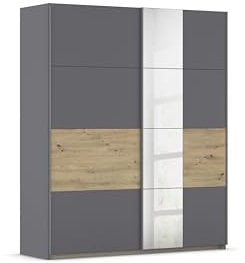 Rauch Möbel Oxford, Schiebetürenschrank, 2-türig, 1 Spiegel, Zubehör Premium, 4 Einlegeböden, 1 Schubkasteneinsatz, Türdämpfer, Farbe Grau metallic/Eiche Artisan, Holz, Schwarz, 175x210x59cm