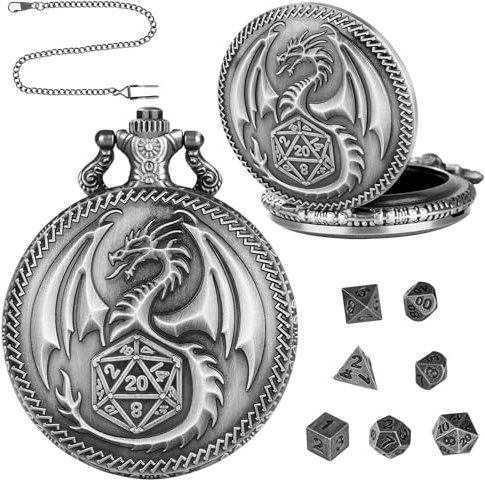 Qaestuan Mini DND Würfel Set, mit Steampunk Drachen Taschenuhrgehäuse, Winzige 7-teilige Polyedrische Metall D&D Würfel, Rollenspiel-Brettspielzubehör Würfel, für Rollenspiele, Brettspiele (Silber)