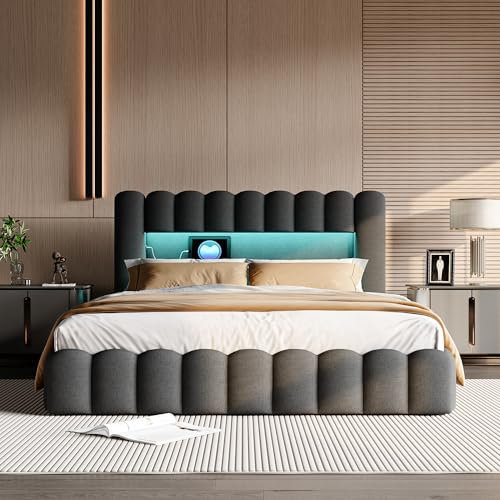 YGHQAP Polsterbett Bubble Bett 180x200cm Doppelbett mit LED und USB-Ladefunktion Hydraulisch Stauraumbett mit Eicher Rückenlehne Jugendbett, Leinen, ohne Matratze