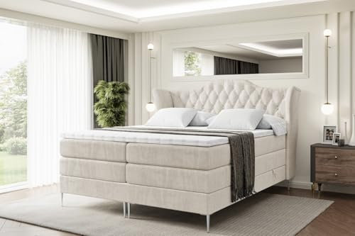 ALTDECOR Boxspringbett mit Silber Füßen, Matratze und Lattenrost, Topper, Polsterbett mit Bettkasten, Bett mit Stauraum H3- und H4- Matratze, Doppelbett -Vila-FS KING-200x200 - Beige Monolith