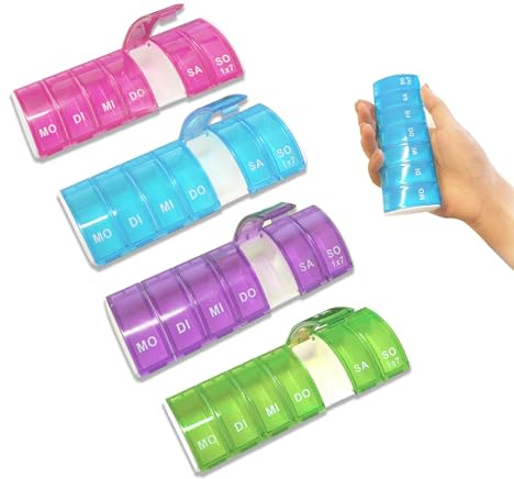 4 Stück Tablettenbox 7 Tage Wiederverwendbar Medikamentenbox 7 Tage Klein Tragbar Pillenbox Farbcodiert für Reisen und Senioren Rosa Blau Grün Lila