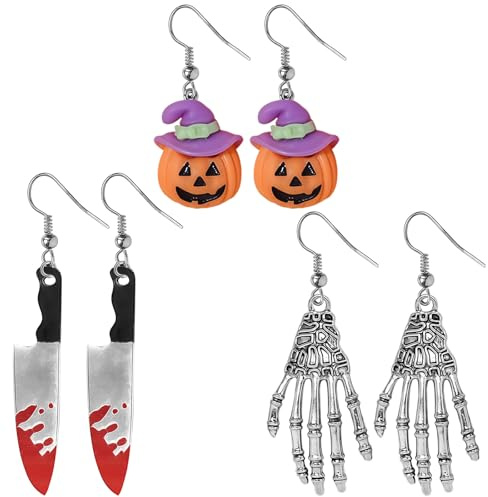 GWAWG Halloween Ohrringe Set – Ohrstecker Damen & Kinder Mädchen Frauen mit Messer, Kürbis, Skelett Hand – Gruselige Halloween Schmuck Accessoires Party Kostüm Karneval Fasching & Geschenkidee