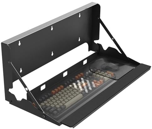 Flip-Down Keyboard Wall Tray, 24-Inch Wall-Mounted Platform with Mouse Pad & Wrist Rest, Space-Saving Design, Holds up to 22 lbs, Black | Space Saving, with Wrist Support, Mouse Pad and Wrist Pad Included, Holds Up to 22 lbs, Black