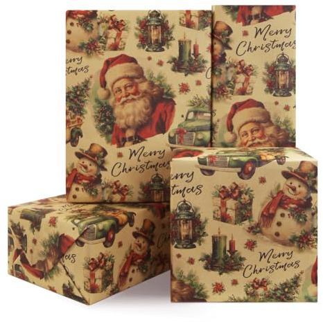 Vintage-Geschenkpapier für Kinder und Erwachsene, 4 Bögen, braunes Kraftpapier, Retro, Weihnachtsmann, Weihnachtsbaum und Schneemann, Geschenkpapier, flach gefaltet, für Weihnachten, Urlaub, Babyparty