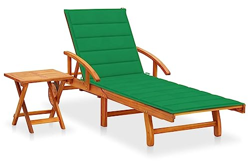 QUAHEAS Sonnenliege Akazie Massivholz, Grün, Verstellbare Rückenlehne, Ausziehbarer Tisch, Outdoor Gartenliege mit Auflage, Pool Lounge Chair, Terrasse Relaxliege