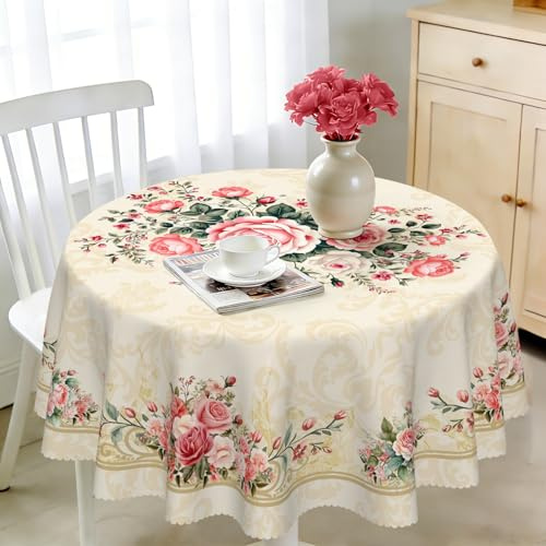 Tischdecke Rund 120 cm Wetterfest Abwaschbar - Polyester Rosen Muster - Outdoor Tischdecke für Garten Küche Esszimmer Balkon - für 2-4 Personen - Wasserdicht & Langanhaltend