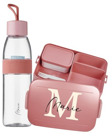 Mepal Set Lunchbox Trinkflasche personalisiert, Brotdose Take a break mit Bento Box, Wasserflasche Ellipse 700ml, Buchstabe Initiale Large Rot