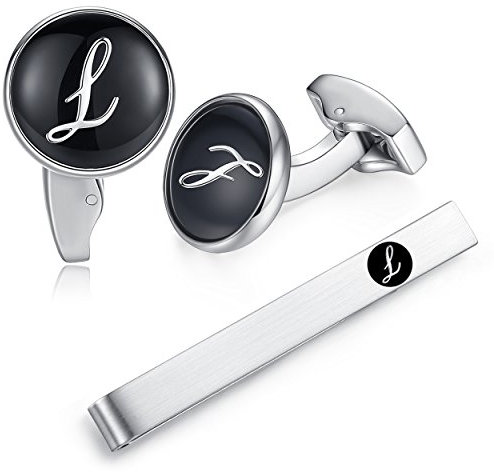 Honey Bear manschettenknöpfe & krawattennadel Krawattenklammer Set Initialen Buchstabe Herren Edelstahl Hochzeit Cufflinks Manschettenknopf Schwarz (L)