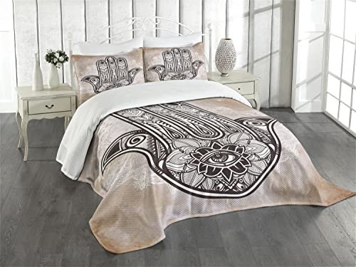 ABAKUHAUS Hamsa Tagesdecke Set, Mystic Mandala Eastern, Set mit Kissenbezügen Kein verblassen, für Doppelbetten 220 x 220 cm, Braun Creme