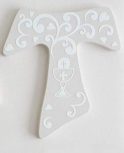 Cvc srl - Bomboniera per Comunione in Legno Bianco Tagliato Laser a Forma di Croce 7 x 8 cm con Decorazione Calice di Vino e Ostia