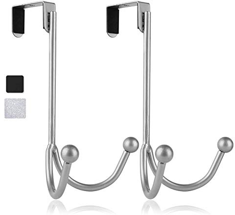 HFHOME 2Packs Over The Door Double Hanger Hooks, Metal Twin Hooks Organizer for Hanging Coats, Hats, Robes, Towels- Silver
