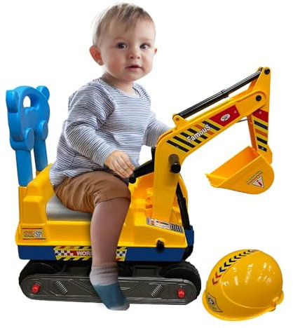 Ride on Excavator Digger - Pretend Construction Play with Manual Shovel | Foot-To-Floor Ride-On Toy Scooter for Kids | Xmas Present with Back Support