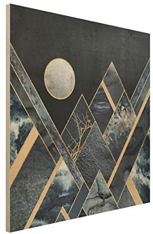 Bilderwelten Holzbild mit Halterung - Goldener Mond abstrakte Schwarze Berge - 30 x 30cm